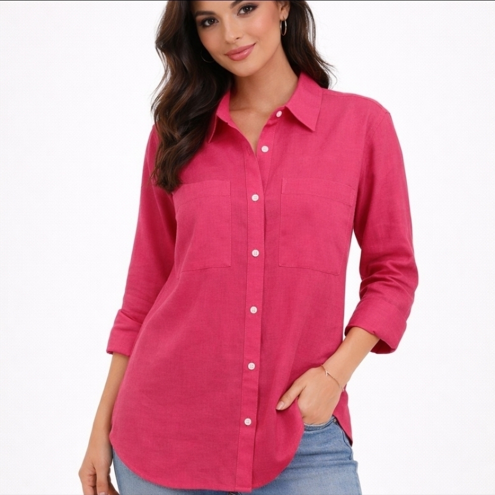 MNG  Hot Pink Linen Button Down Shirt Size Small